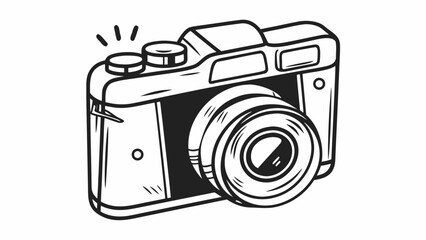 Illustration of a vintage camera with flash and lens in black and white outline style design vector