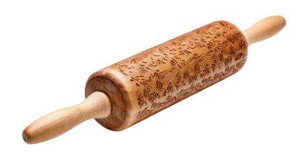 Wooden rolling pin with intricate floral patterns, isolated on a white background.