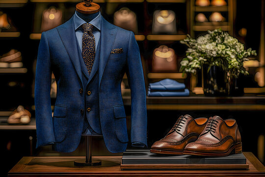 tailored navy blue suit under warm boutique lighting