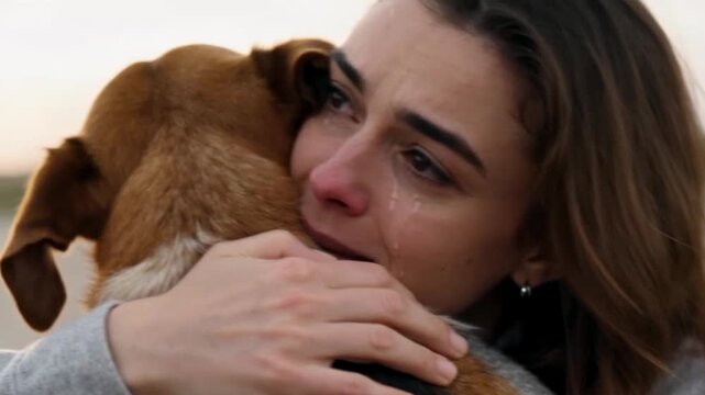 Woman crying while hugging her dog