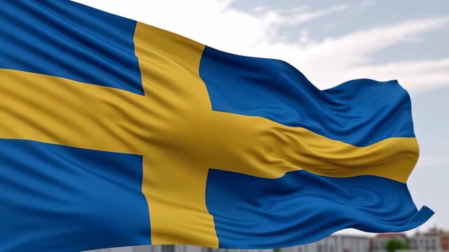 Swedish flag waving in the wind against a blue sky