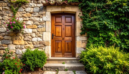 Stone exterior with wooden door and greenery