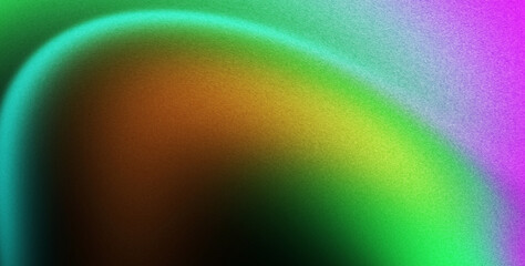 Blue and red shape on black grainy background with green and purple glowing gradient texture, noise blur poster