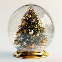Gold christmas baubles and christmas tree in snow globe on white background 