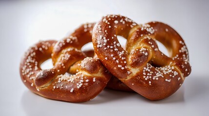 Two Freshly Baked Pretzels Sprinkled with Salt on a White Surface, Perfect for Snacks and Treats