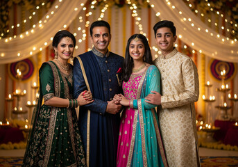 Happy family of four wearing high-end elegant Diwali outfits with rich fabrics and intricate designs