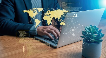 Businessman Working on Laptop with World Map and AI Interface, Technology and Global Business Concept