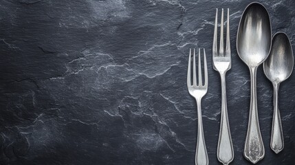 A collection of elegant silver cutlery laid out on a textured black surface, creating a refined and sophisticated dining aesthetic.
