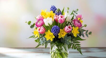Vibrant spring bouquet bursting with colorful blooms in a clear glass vase arrangement