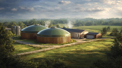 Biogas plant by a farm in a rural area during cloudy weather