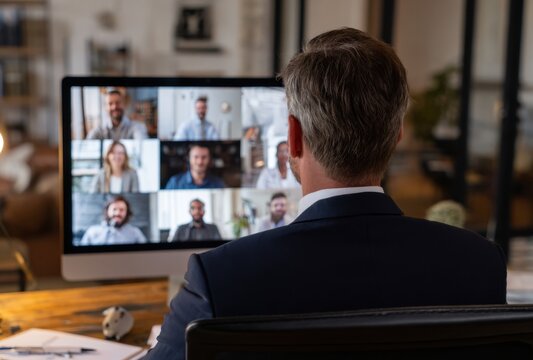 A person in formal attire attends a virtual meeting, focusing on a computer screen displaying multiple video feeds of other participants during a collaborative discussion.