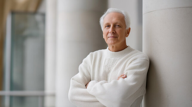 A man in a white sweater leans against a column in soft light