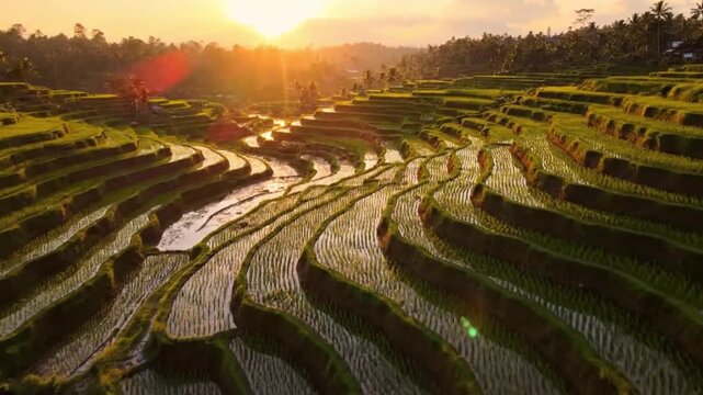 Cinematic Aerial Drone Flyover of Terraced Rice Fields in Bali at Golden Hour