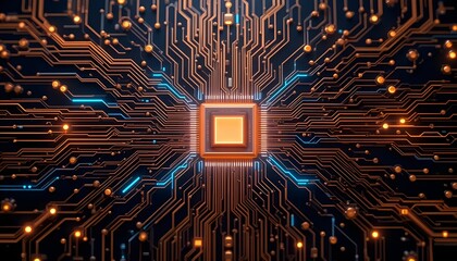 A close up view of a computer chip with glowing orange and blue circuits on a dark background