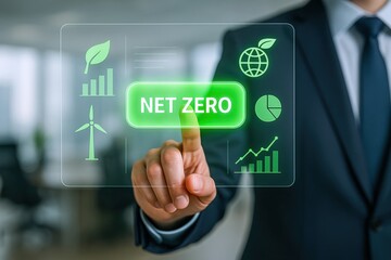 Net Zero Target Commitment: Businessman Activating Sustainable Energy Goals via Interactive Display Interface
