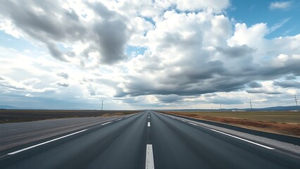 Naklejka premium Panoramic view of an empty road under cloudy skies, capturing a serene and open landscape.