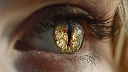 Close up woman face with snake eyes gold color.