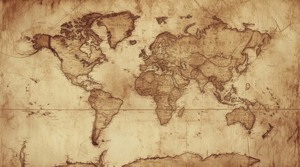 Naklejka premium An ancient world map on distressed parchment. Global travel and exploration concepts.