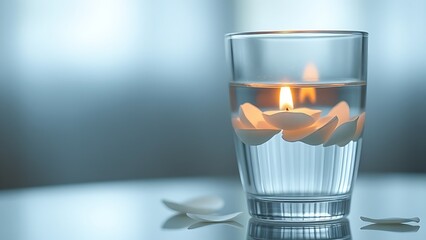 Candle flame reflected in water with floating petals against a soft blue bokeh background.