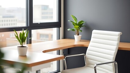 Modern office corner with a wooden desk and white chair, bathed in natural light for a clean aesthetic.