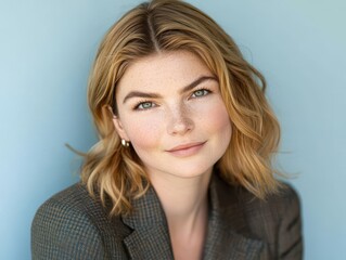 Obraz premium Young Woman with Freckles and Light Brown Hair Posing Against a Soft Blue Background in a Stylish Jacket