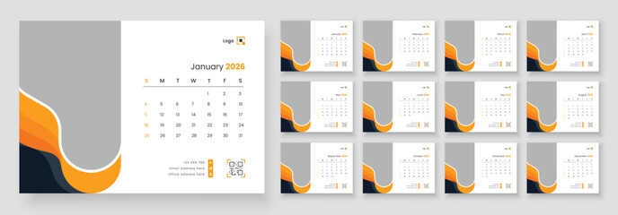 Desk Calendar Template 2026, New Year 2026 table calendar, Minimalist desk calendar 2026 template,  The week start Sunday for print.