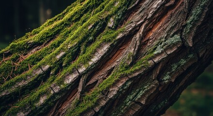 Close-up of weathered tree bark covered in moss