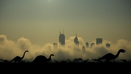 Obraz premium Dinosaur silhouettes fading into mist against a city skyline, symbolizing ancient extinction.