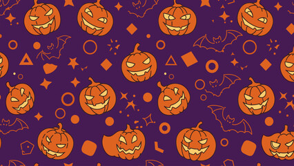 Vibrant Halloween Seamless Pattern with Spooky Jack-o'-Lanterns, Bats, Ghosts, and Geometric Shapes on Purple Background