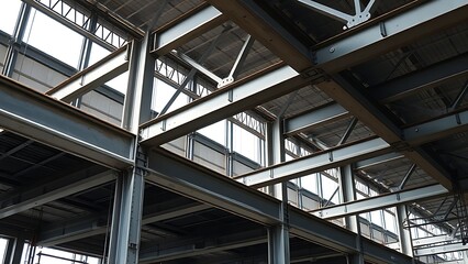 Abstract industrial steel beams create striking patterns in natural construction lighting.