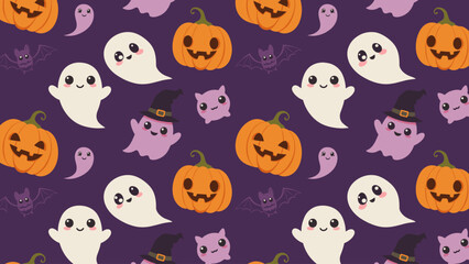 Spooky Cute Halloween Seamless Pattern with Ghosts, Pumpkins & Bats on Purple Background