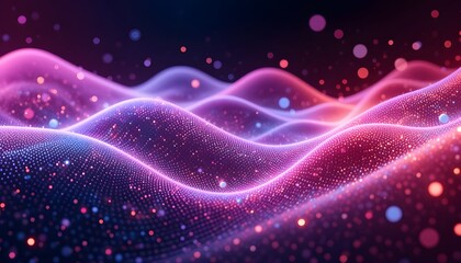 Abstract waves of illuminated particles in pink and purple creating a digital landscape