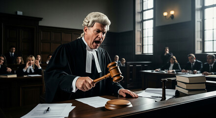 Angry judge using gravel to make silence in a courtroom