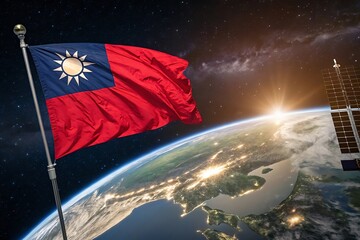 Taiwanese flag waving in space with earth and satellite in background view