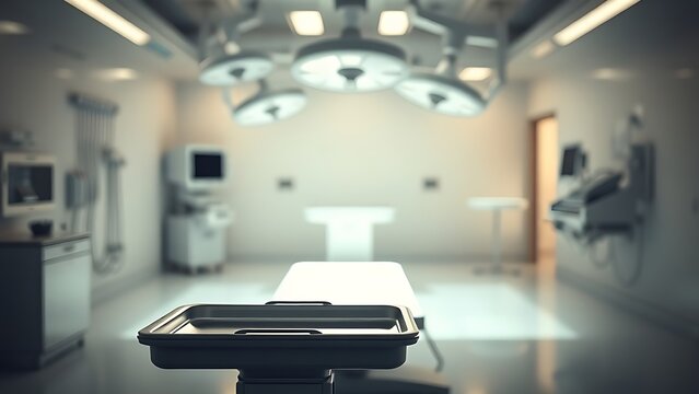 Sterile medical environment with empty surgical tray and dramatic lighting, conveying modern healthcare.