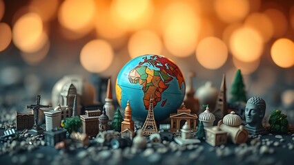 Miniature globe surrounded by tiny cultural artifacts, evoking a dreamlike sense of global connection.