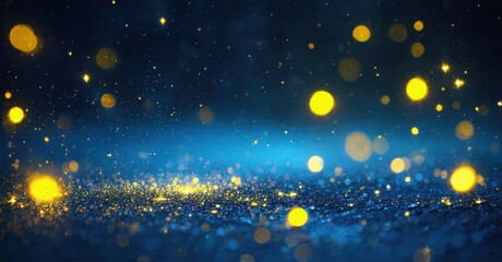 Fototapeta premium Dark blue background with bright yellow bokeh effects. Glittering particles create festive, magical atmosphere. Soft light, dreamy scene.