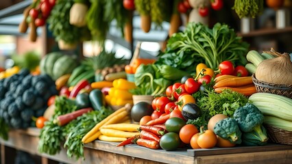 Colorful assortment of fresh vegetables arranged artistically on a rustic market stall.