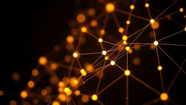 Abstract network of glowing nodes and lines in warm tones against a dark sophisticated backdrop.