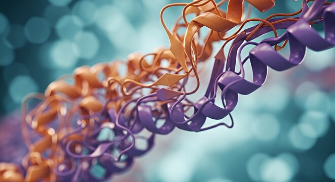 Colorful Twisted Protein Chains in Blue Background Molecular Structure Illustration