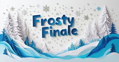 Papercraft scene depicts winter landscape. Snowflakes fall amidst trees, hills, text reads Frosty Finale. Bright blues, whites dominate composition.