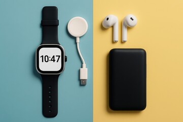Smartwatch wireless charger and wireless earbuds with power bank on a colorful background
