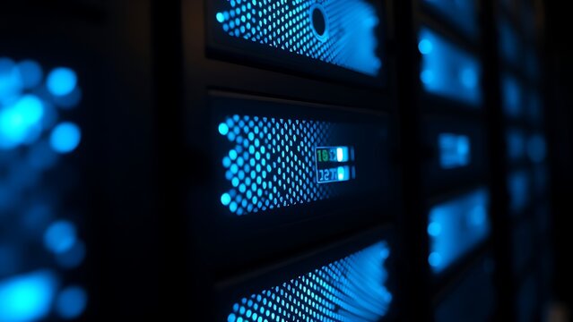 Close-up of glowing blue server rack lights creating an abstract technological pattern on a dark background.