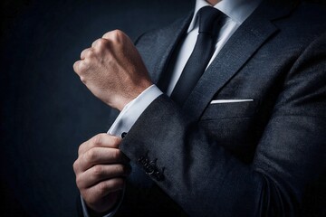 Businessman Adjusting Cufflinks: Professional Style, Dark Suit, Crisp White Shirt, Elegance, and Formal Attire