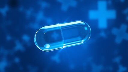 Futuristic translucent capsule floating against a blue medical backdrop with light refraction.