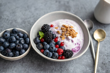 Fruit and berry yogurt bowl with granola, summer forest berries. Clean eating diet