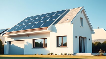 Modern white house with solar panels and clean design against a simple blue sky.