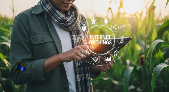 Farmer Using Tablet in Cornfield with Internet of Things Technology for Smart Agriculture