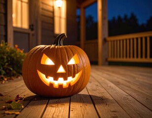 Obraz premium Illuminated spooky Halloween pumpkin with a carved face glows brightly on a dark wooden deck at dusk, perfect transparent png isolated.