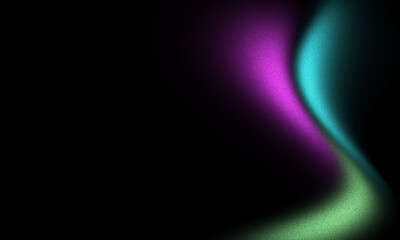 Vibrant glowing green purple blue gradient on black grainy background, abstract wave texture dark poster header